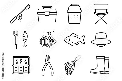 Fishing gear icons: rods, tackle box, fish, hat, boots, net, hooks