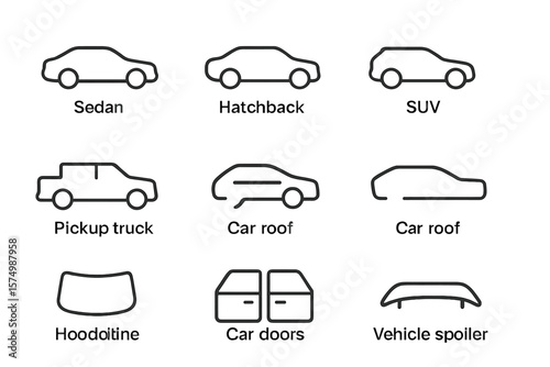Car icon set featuring sedan, hatchback, suv, and pickup truck designs