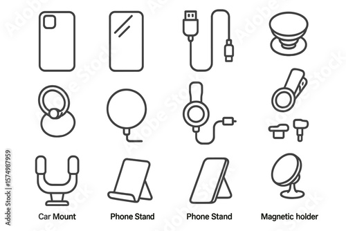 Minimalist outline icons of phone holders and accessories