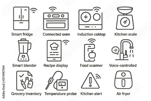 Smart kitchen appliances with iot features and connectivity icons