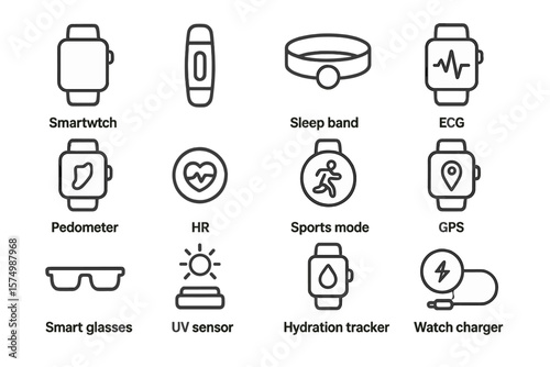 Smartwatch icons: fitness tracker, ecg, gps, hydration, pedometer, uv sensor