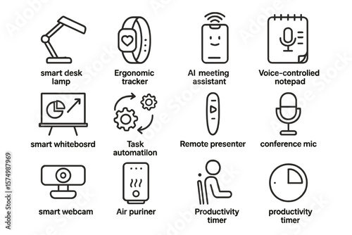 Futuristic office gadgets: lamp, tracker, notepad, whiteboard, ai tools illustrated