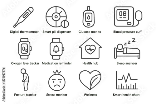 Smart health devices icons: thermometer, pill dispenser, glucose monitor