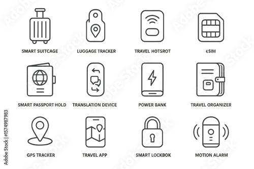 Smart travel gadgets icons: tracker, organizer, hotspot, alarm, passport, lockbox