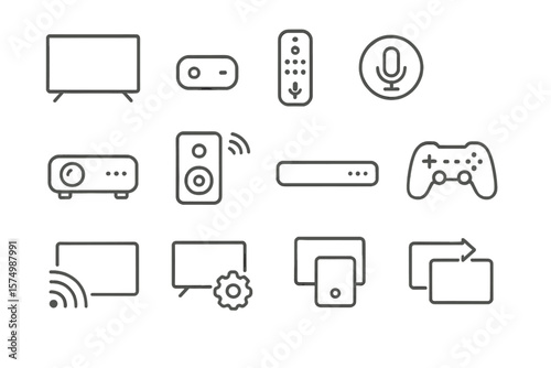 Home entertainment icons: tv, gaming, streaming, remote, and more