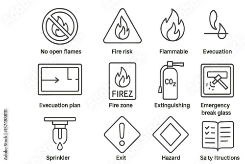Fire safety icons: no flames, evacuation plan, fire zone, extinguishing methods