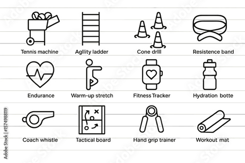 Exercise equipment icons: tennis machine, agility ladder, cone drill, resistance band