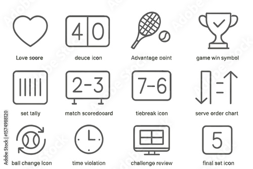 Tennis icons for scoring and gameplay: love, deuce, tiebreak, trophy, set, match
