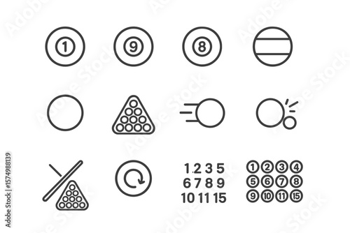 Minimalistic billiards icon set on metallic background