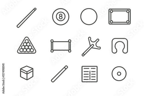 Billiards icons set on dark background featuring pool equipment symbols