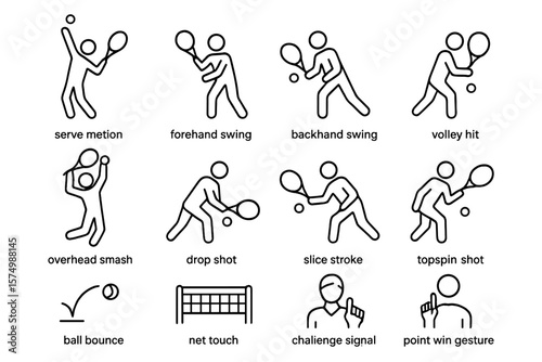 Stick figures playing tennis: various moves and gestures illustrated