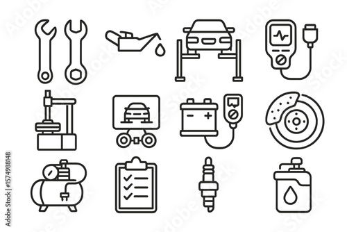 Car maintenance icons: tools, battery, brake, oil, diagnostics illustrations