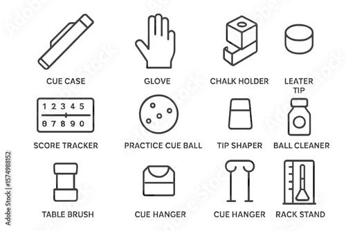 Billiards accessories: cue case, glove, chalk holder, and more icons