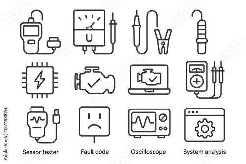 Automotive diagnostic tools: sensor, oscilloscope, system analysis icons