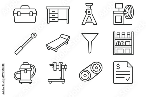 Industrial tool icons set with workbench and conveyor belt
