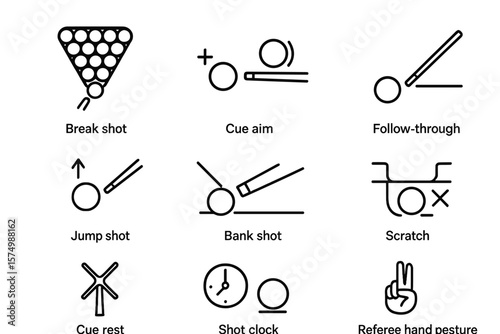 Pool game techniques icon set with break shot and cue aim illustrations