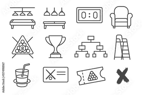 Billiards icons set: trophy, armchair, drinks, ladder, tickets, scoreboard