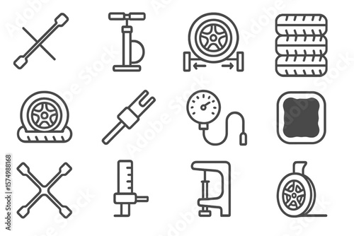 Vector icons of tire tools and equipment for car maintenance