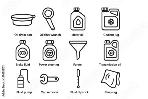 Automobile maintenance tool icons for fluid handling and engine care