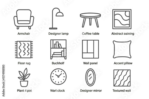 Home decor icons: furniture, lighting, art, and accessories designs