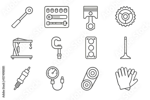 Icon set of car parts and tools on grayscale background