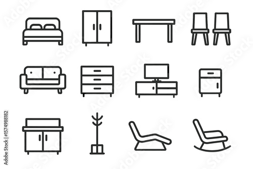 Modern furniture icons: sofa, bed, table, chairs, dresser, cabinet, rocking chair