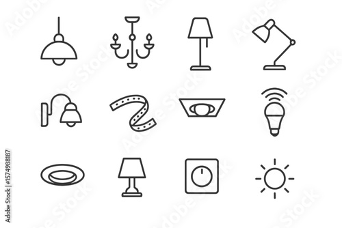 Icons of various lighting fixtures on grid background