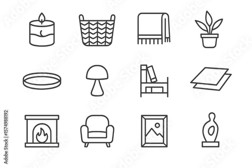 Minimalistic home decor icons on dark gradient background