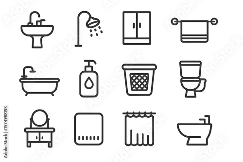 Bathroom icons set featuring sink, shower, cabinet, and more in simple line art