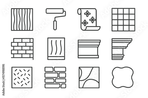 Home remodeling icons: paint, wallpaper, tiles, brick, patterns