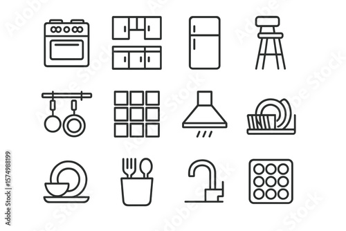 Black kitchen icons set on dark background: appliances and utensils