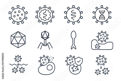 Virus icons and structures: bacteriophage, dna, cell, and microorganism designs