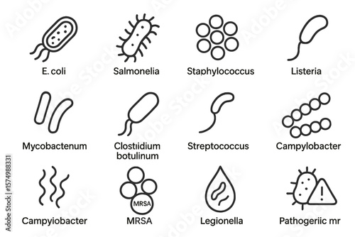 Bacteria icons: e. coli, salmonella, staphylococcus, listeria, legionella, mrsa