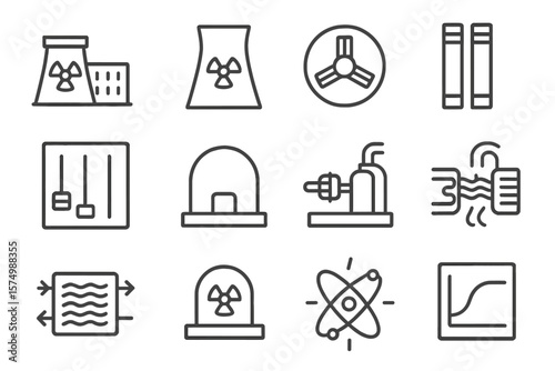Nuclear industry icons set: reactors, turbines, safety, fusion, power