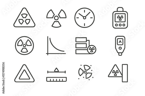 Radiation symbols and monitoring equipment icons on dark background
