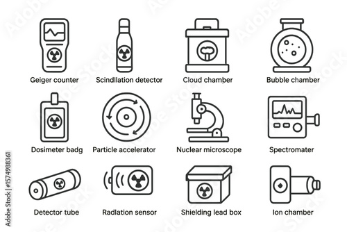 Scientific equipment icons: detectors, microscopes, chambers, and sensors