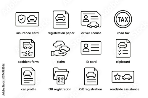 Vehicle documentation icons set with insurance, license, and registration symbols