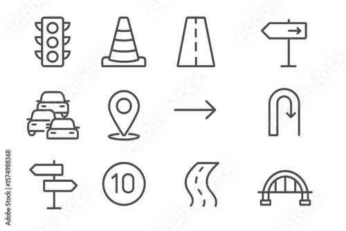 Traffic symbols: cone, arrow, road, signs, traffic light, bridge icons