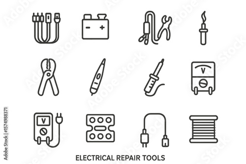 Icons of essential electrical repair tools on metallic background