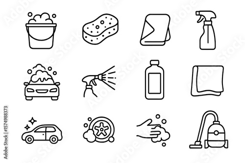 Icons for car cleaning and maintenance supplies and tools