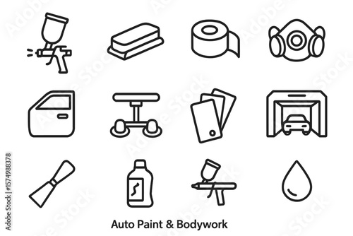 Auto paint and bodywork tools and accessories icons set