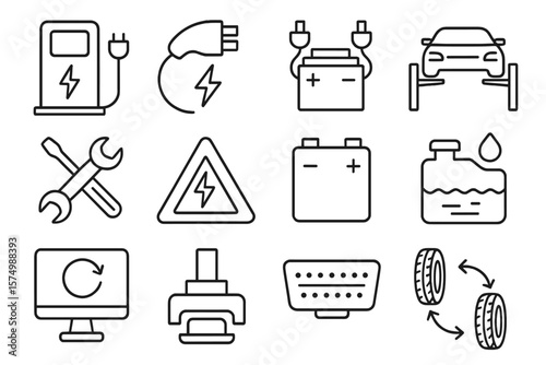 Electric vehicle maintenance icons including battery, charger, and tools