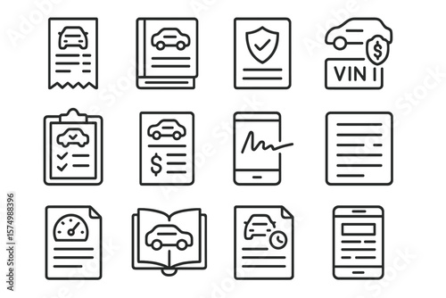 Car document icons set on metallic background with various automotive symbols