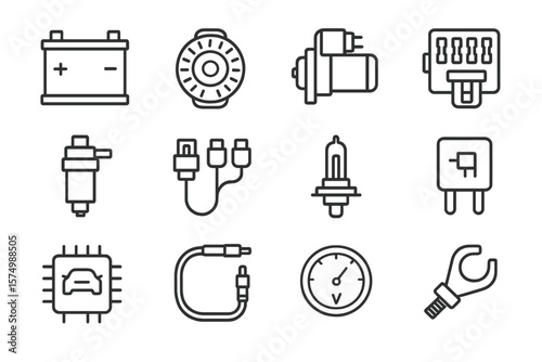 Set of automotive repair icons featuring various tools and parts