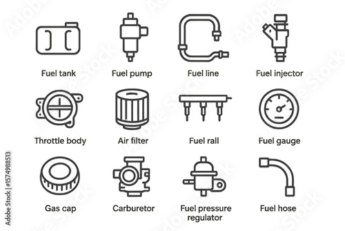 Car fuel system components icons: tank, pump, injector, filter, regulator