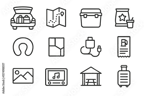 Travel icons set: suitcase, map, cooler, ticket, headphones, music, picnic, camera