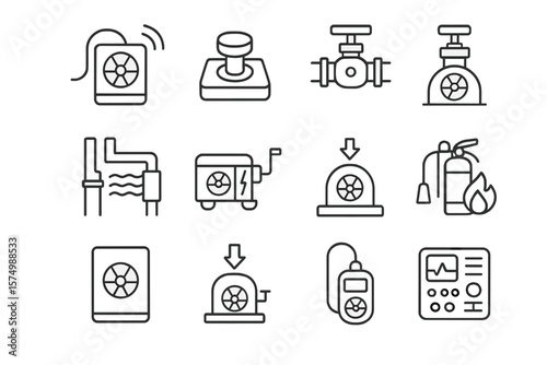 Industrial equipment icons: pump, valve, generator, fire extinguisher, gauge
