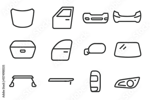 Car design elements on grey background featuring various auto parts