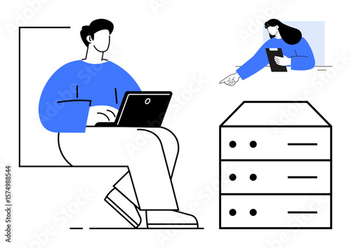 Male figure working on a laptop, female figure pointing at a document, and a file cabinet. Ideal for technology, office setup, teamwork, productivity, remote work, communication simple landing page
