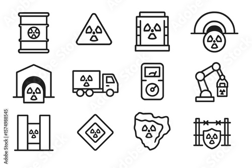 Nuclear hazard symbols: warning signs for radioactive materials and safety equipment